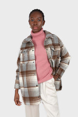 Brown and grey plaid wool blend belted shirt jacket