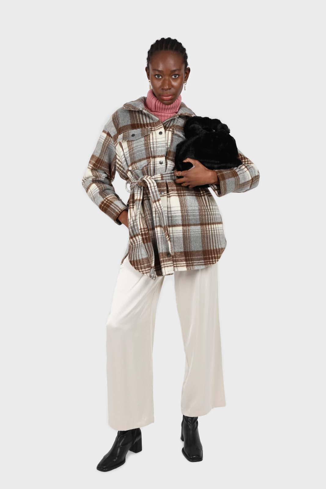 Brown and grey plaid wool blend belted shirt jacket
