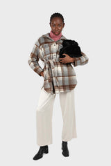 Brown and grey plaid wool blend belted shirt jacket