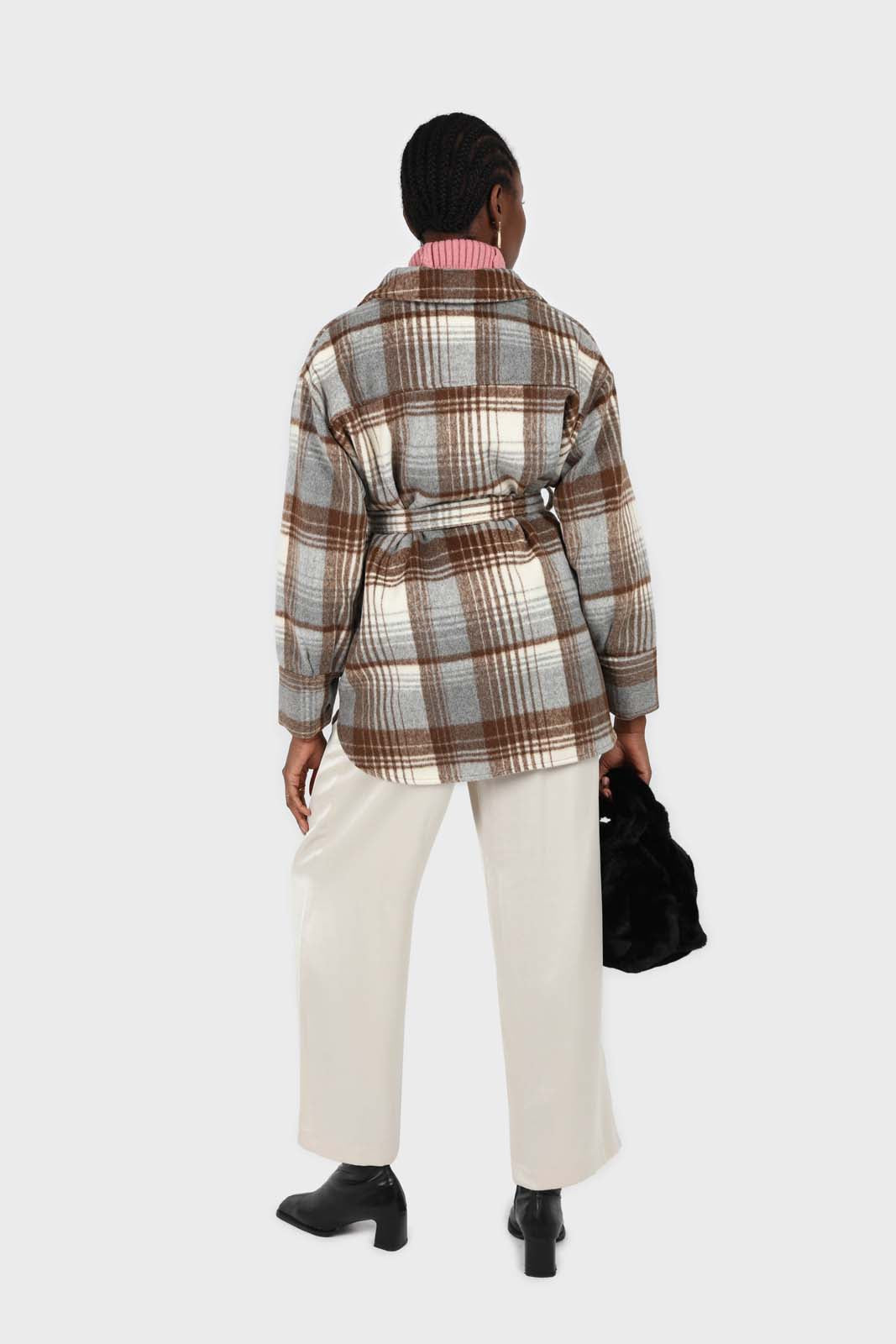 Brown and grey plaid wool blend belted shirt jacket