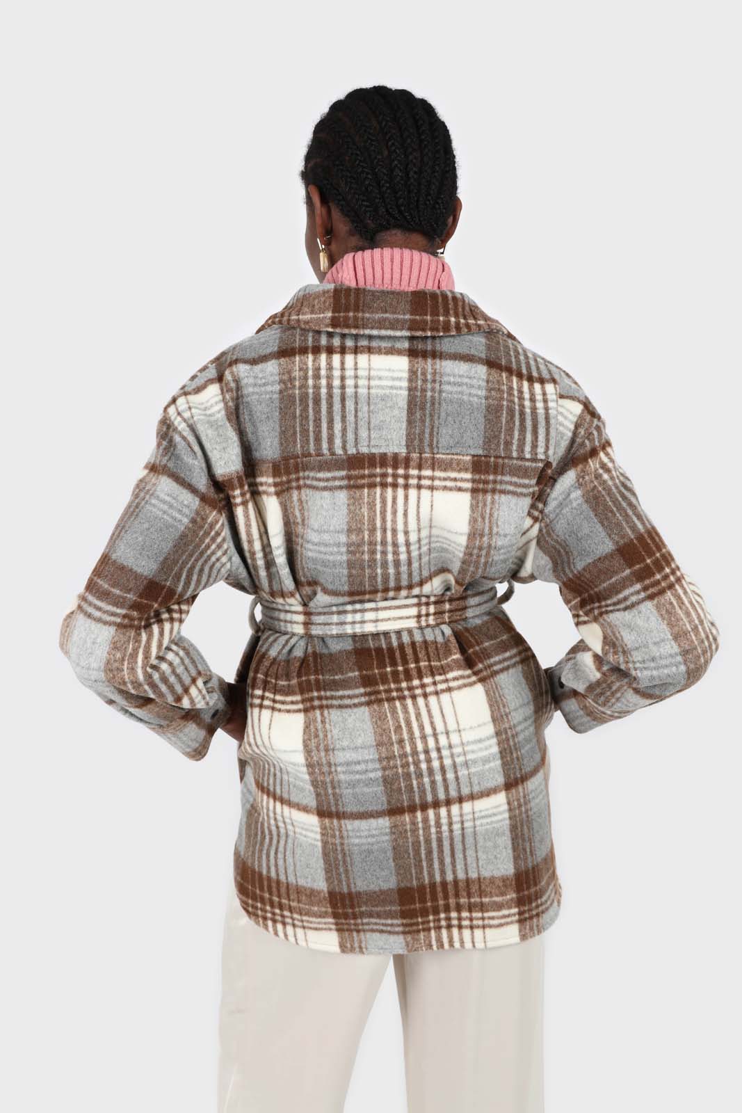 Brown and grey plaid wool blend belted shirt jacket