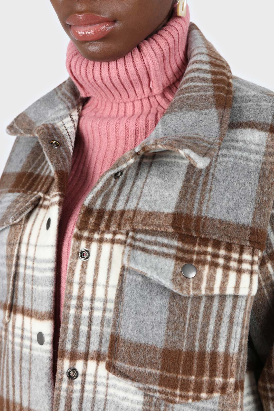 Brown and grey plaid wool blend belted shirt jacket