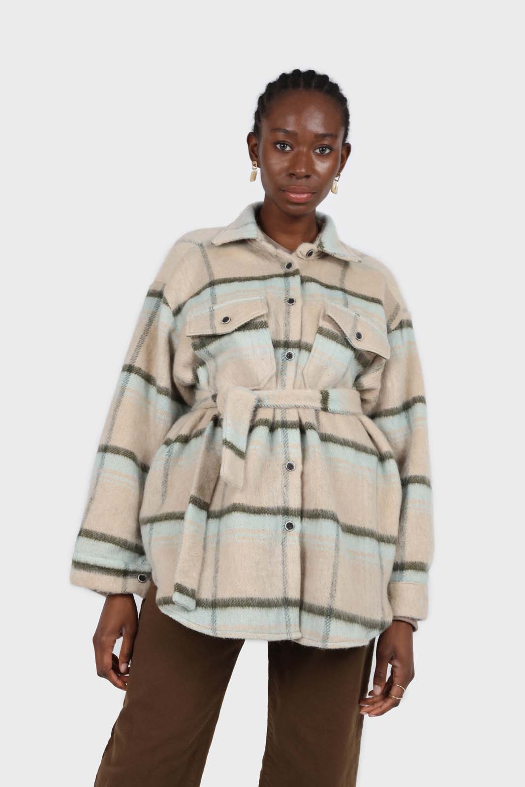 Beige and mint plaid wool blend belted shirt jacket