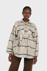 Beige and mint plaid wool blend belted shirt jacket
