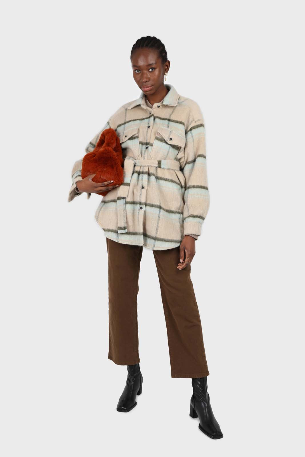 Beige and mint plaid wool blend belted shirt jacket