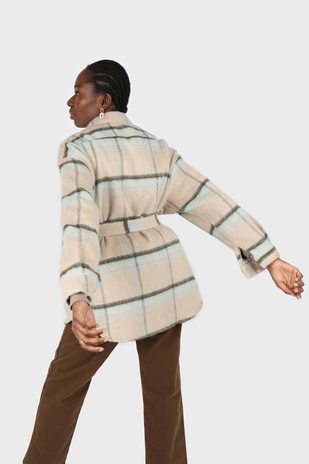 Beige and mint plaid wool blend belted shirt jacket