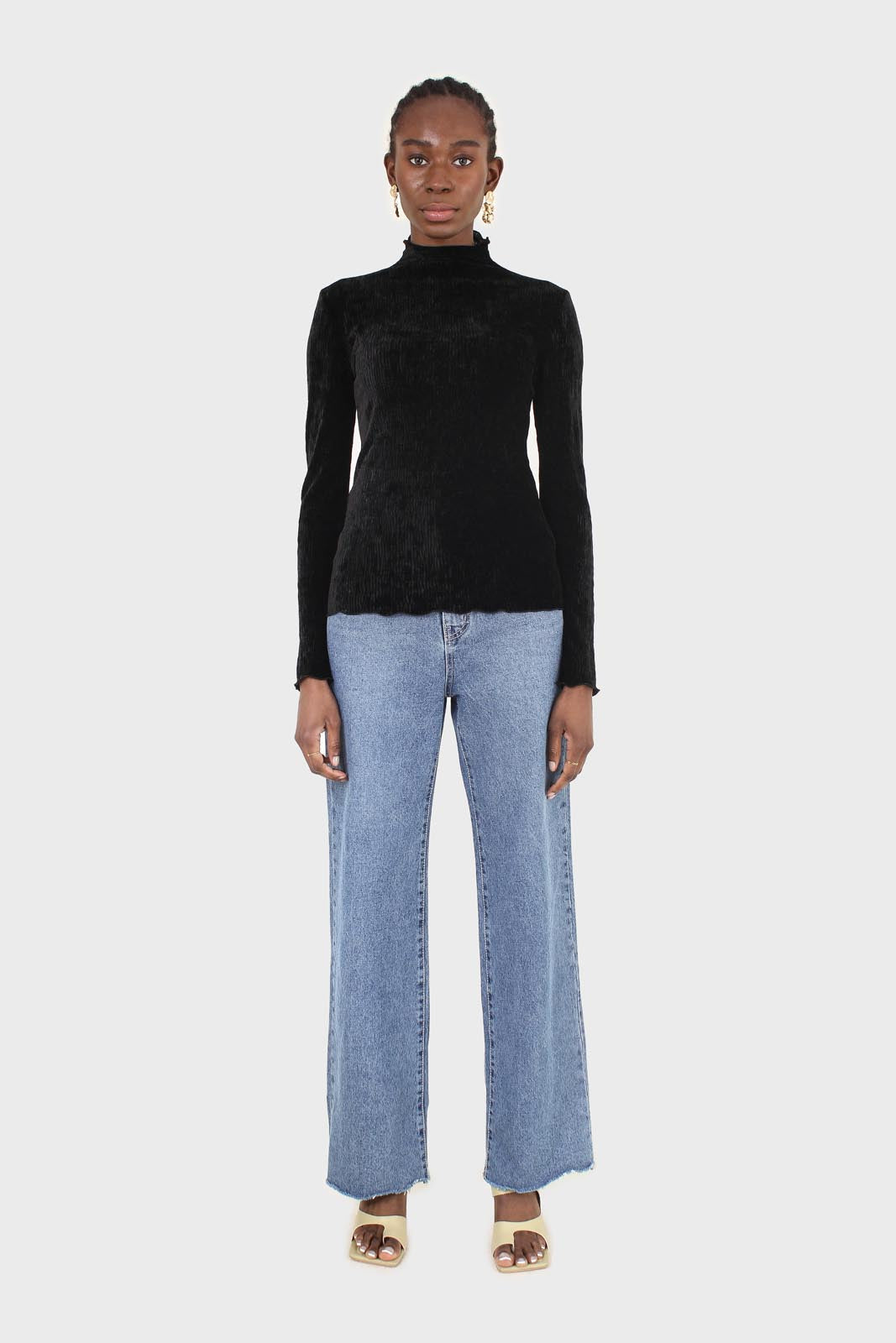 Black wrinkle velvet turtleneck top