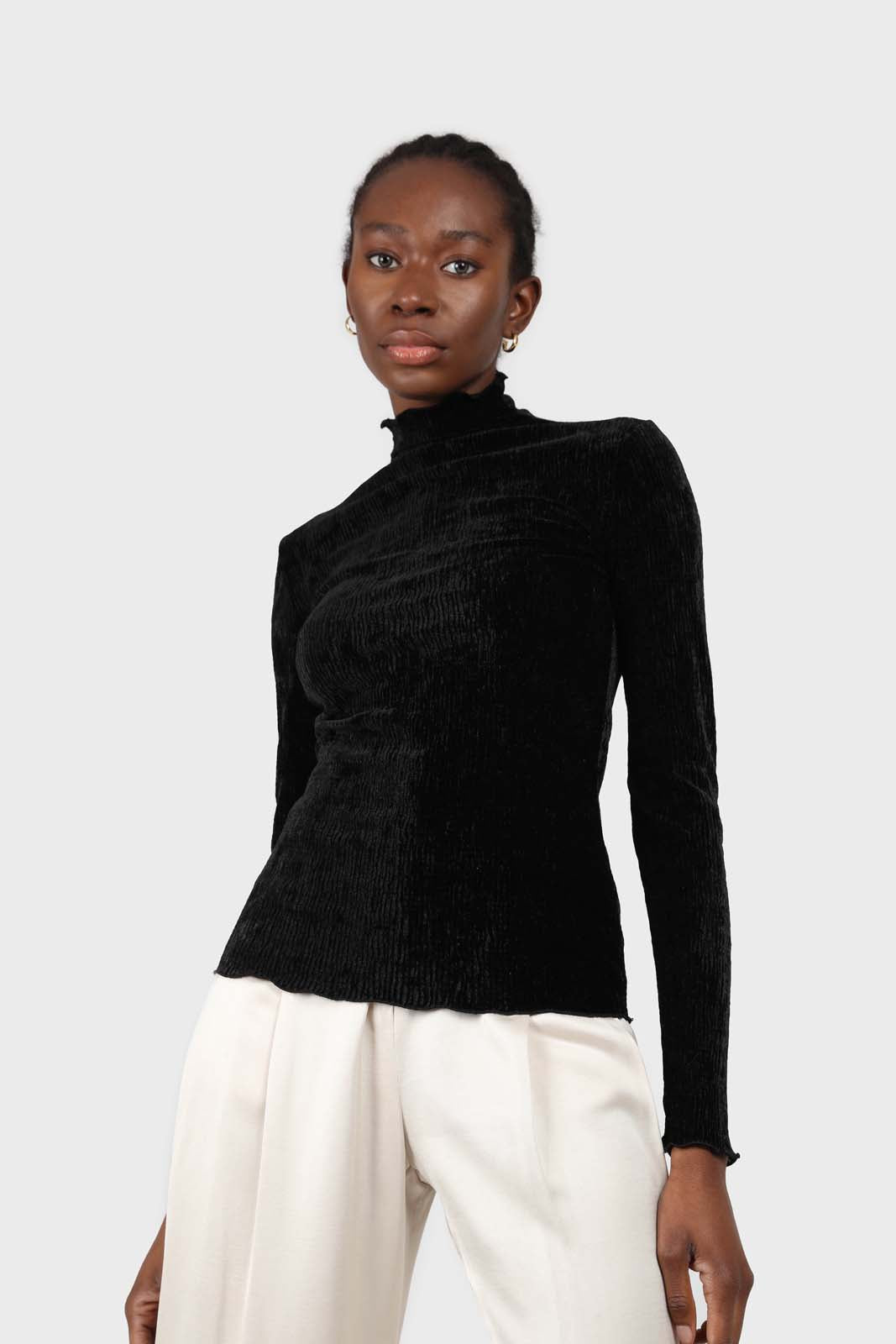 Black wrinkle velvet turtleneck top