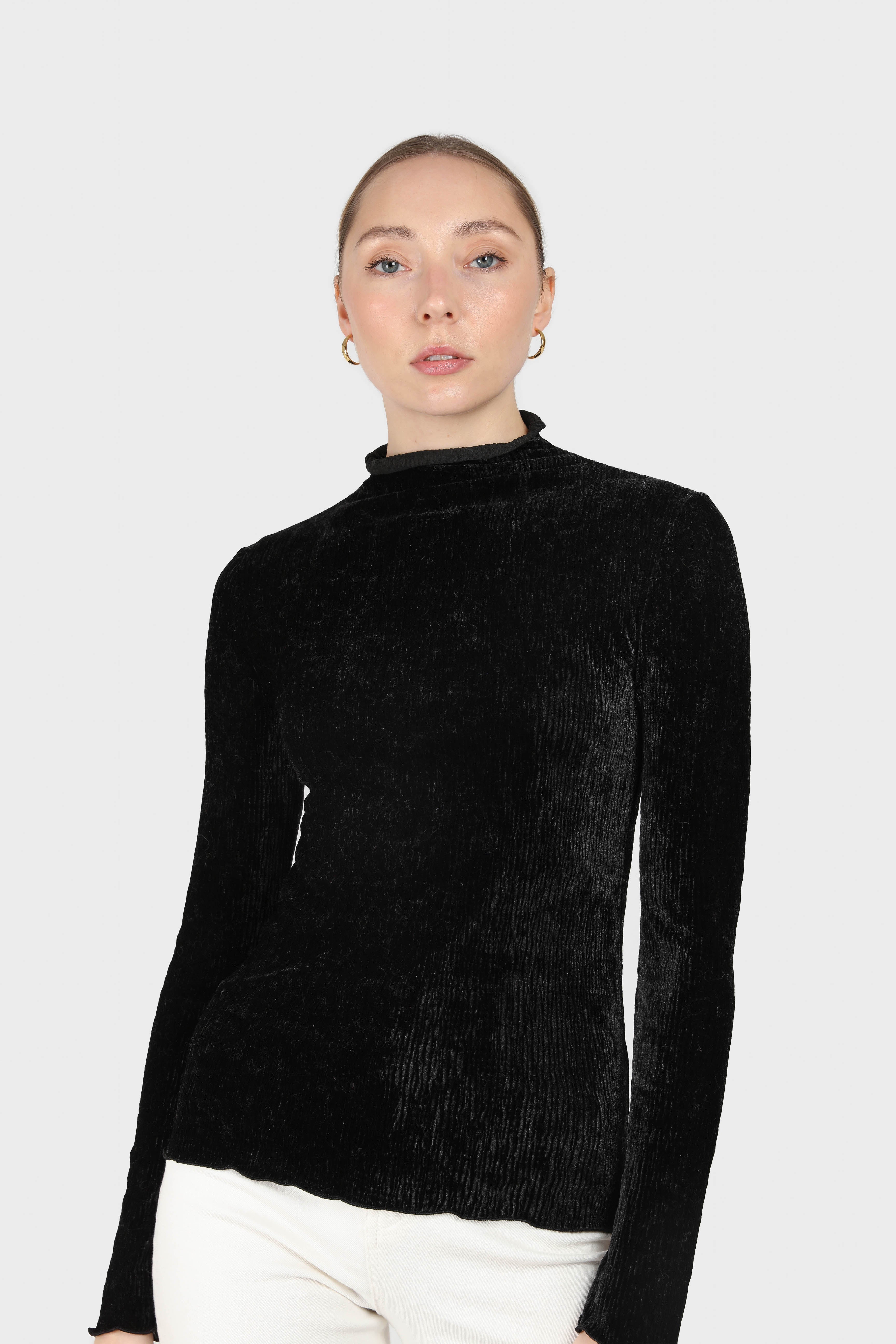Black wrinkle velvet turtleneck top