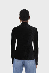 Black wrinkle velvet turtleneck top