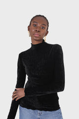 Black wrinkle velvet turtleneck top