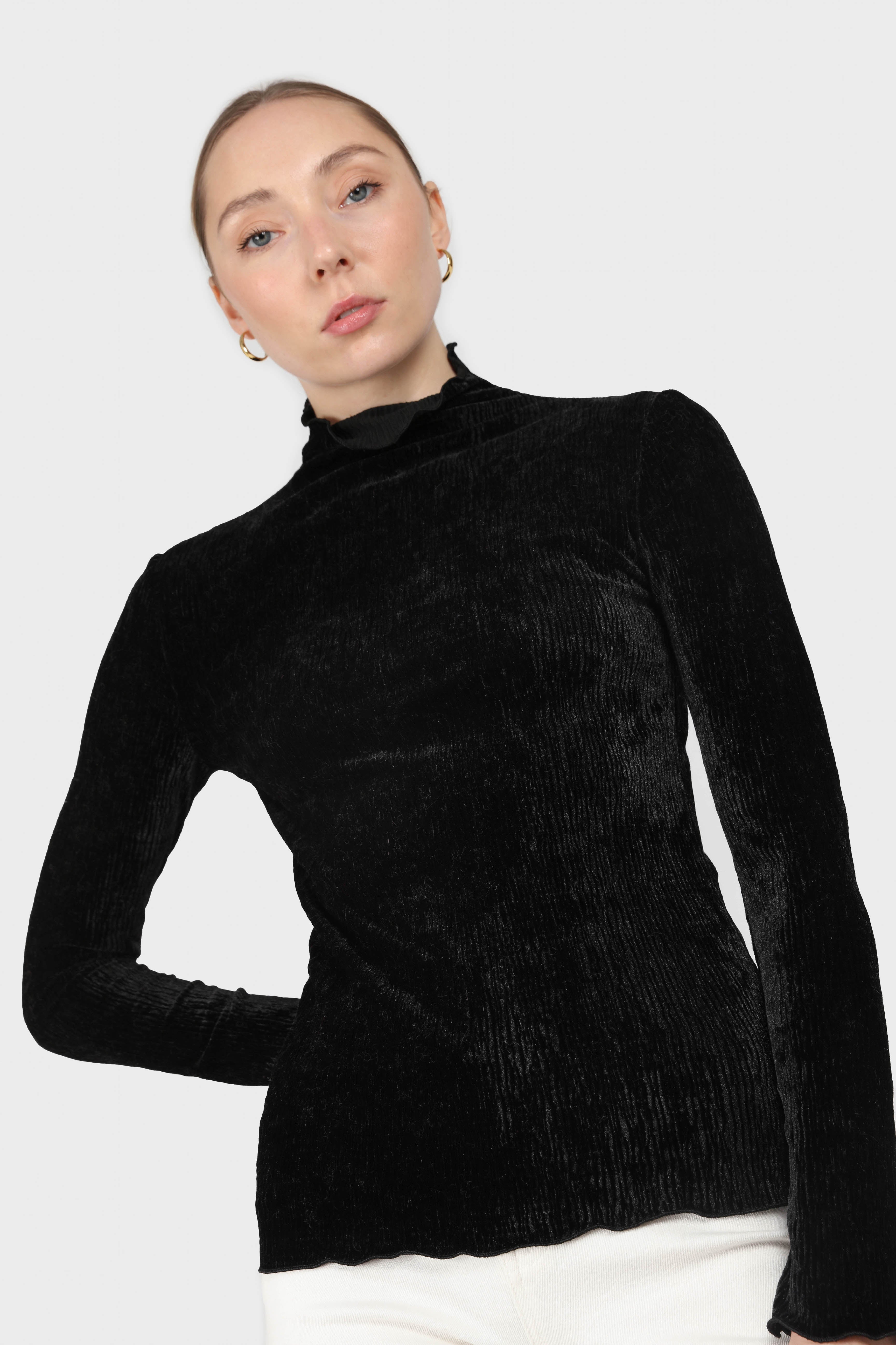 Black wrinkle velvet turtleneck top