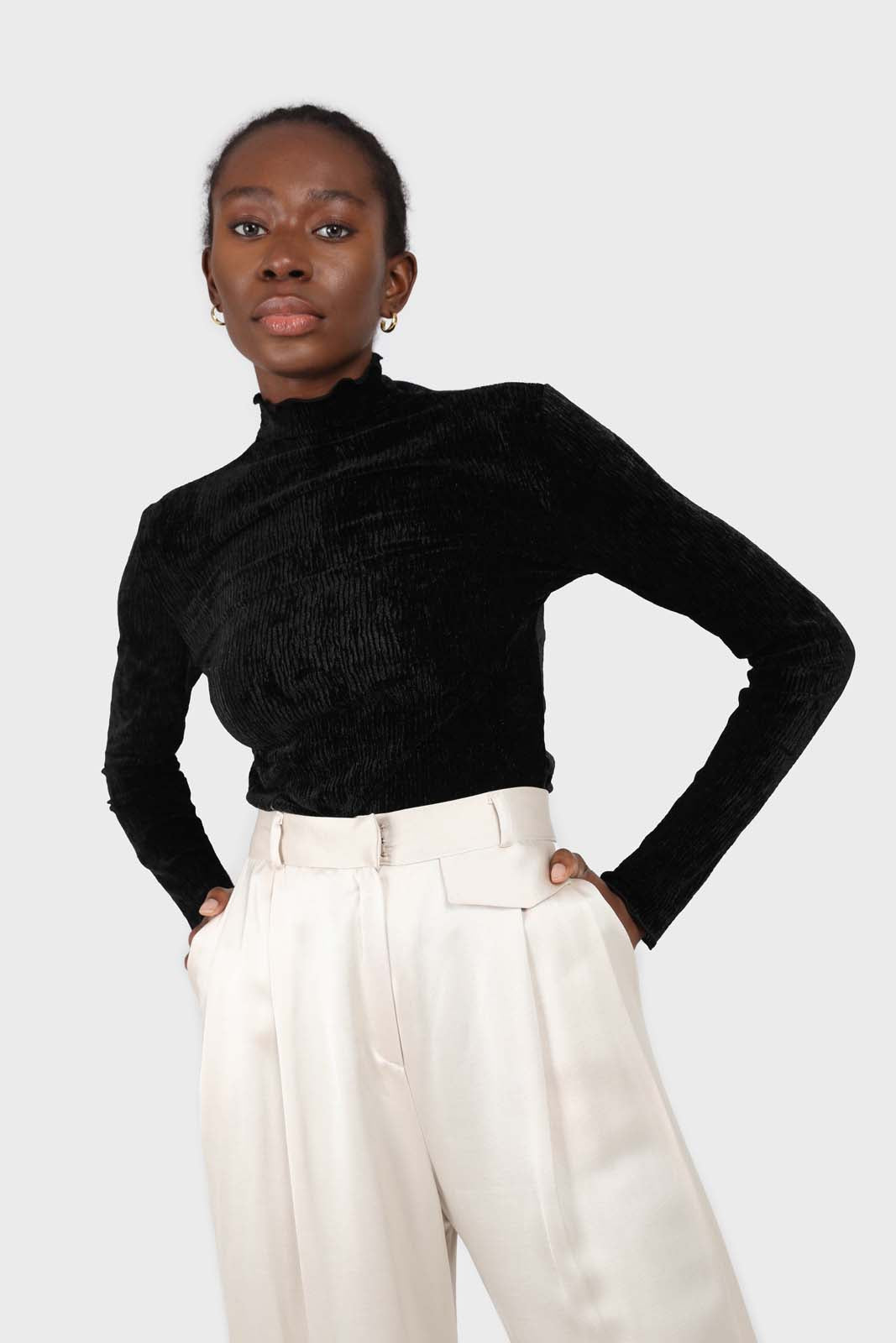 Black wrinkle velvet turtleneck top