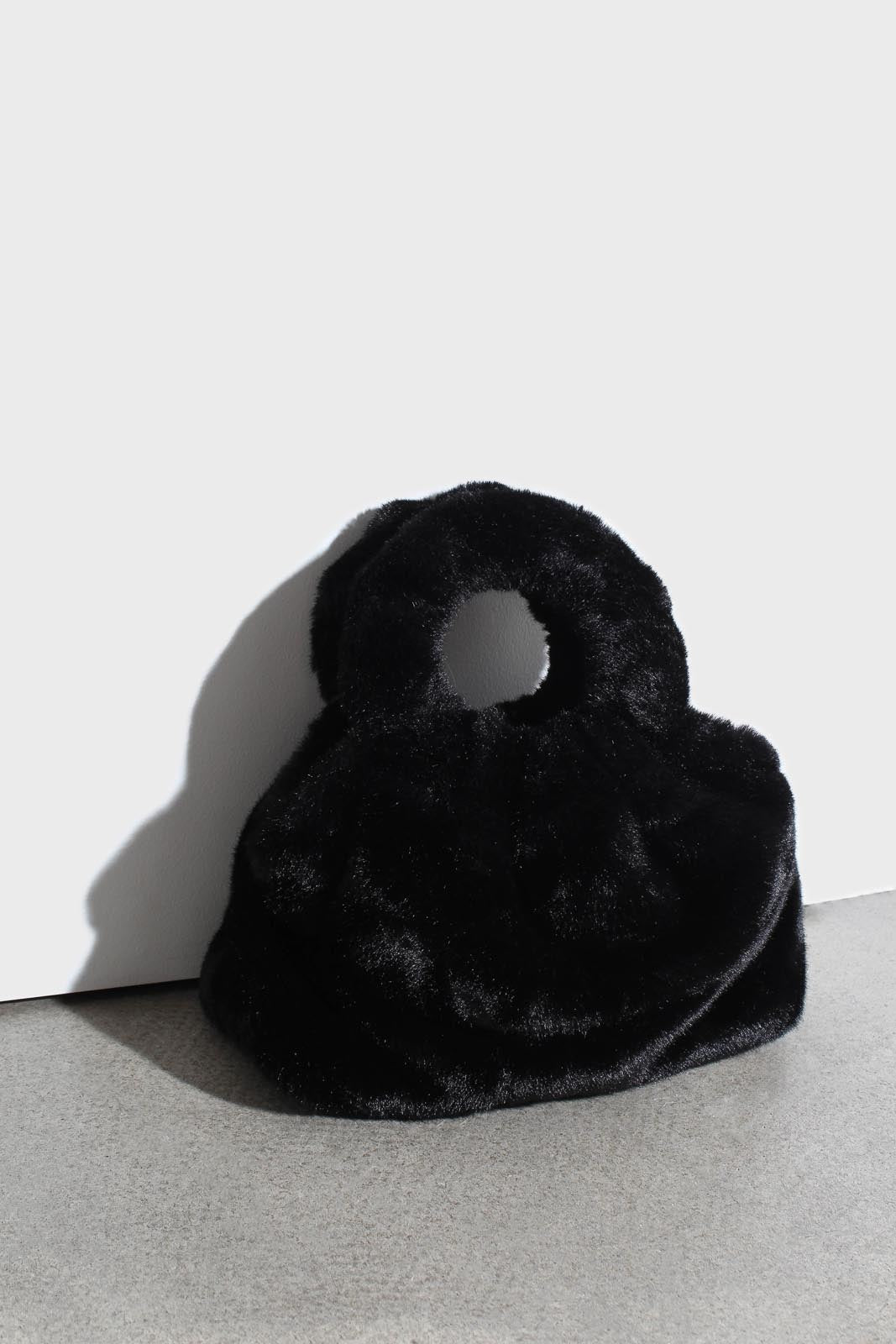 Black furry ring handle crossbody handbag