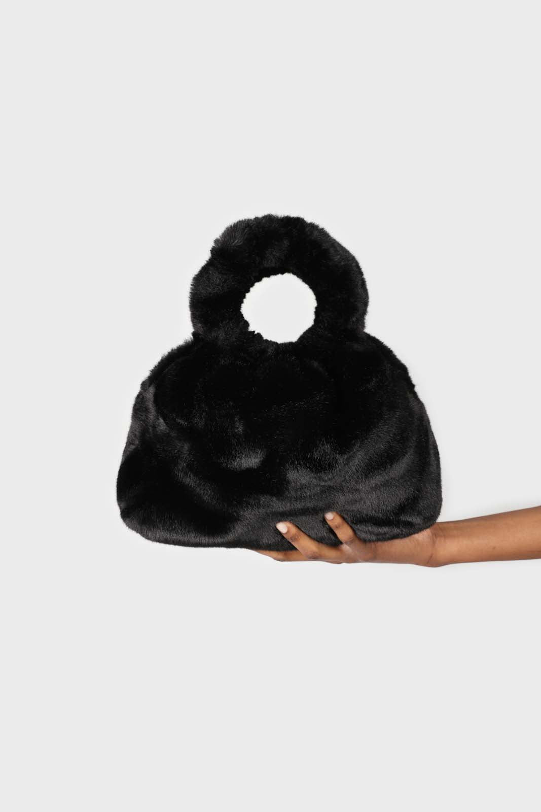 Black furry ring handle crossbody handbag