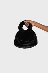 Black furry ring handle crossbody handbag