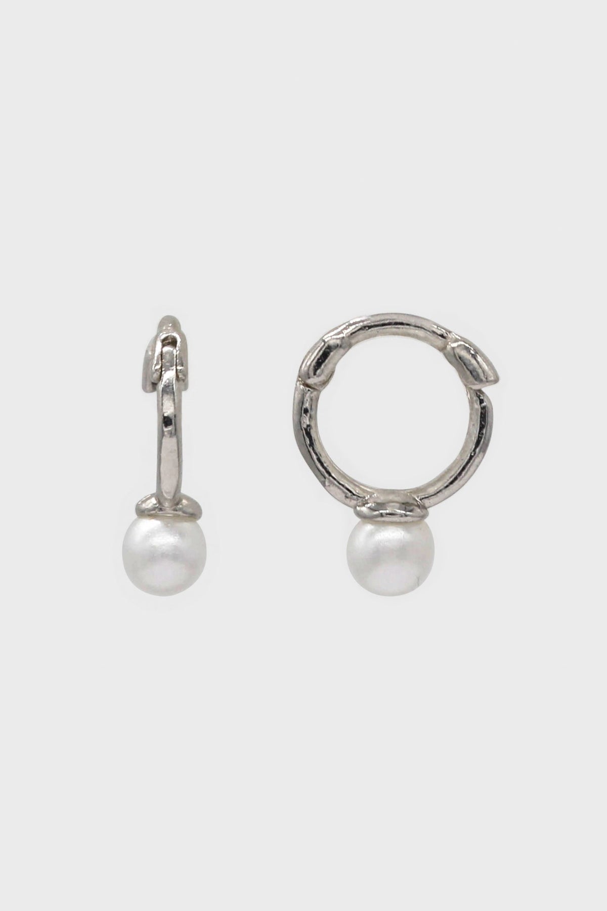 Silver dangling pearl single huggie earring - 4mm