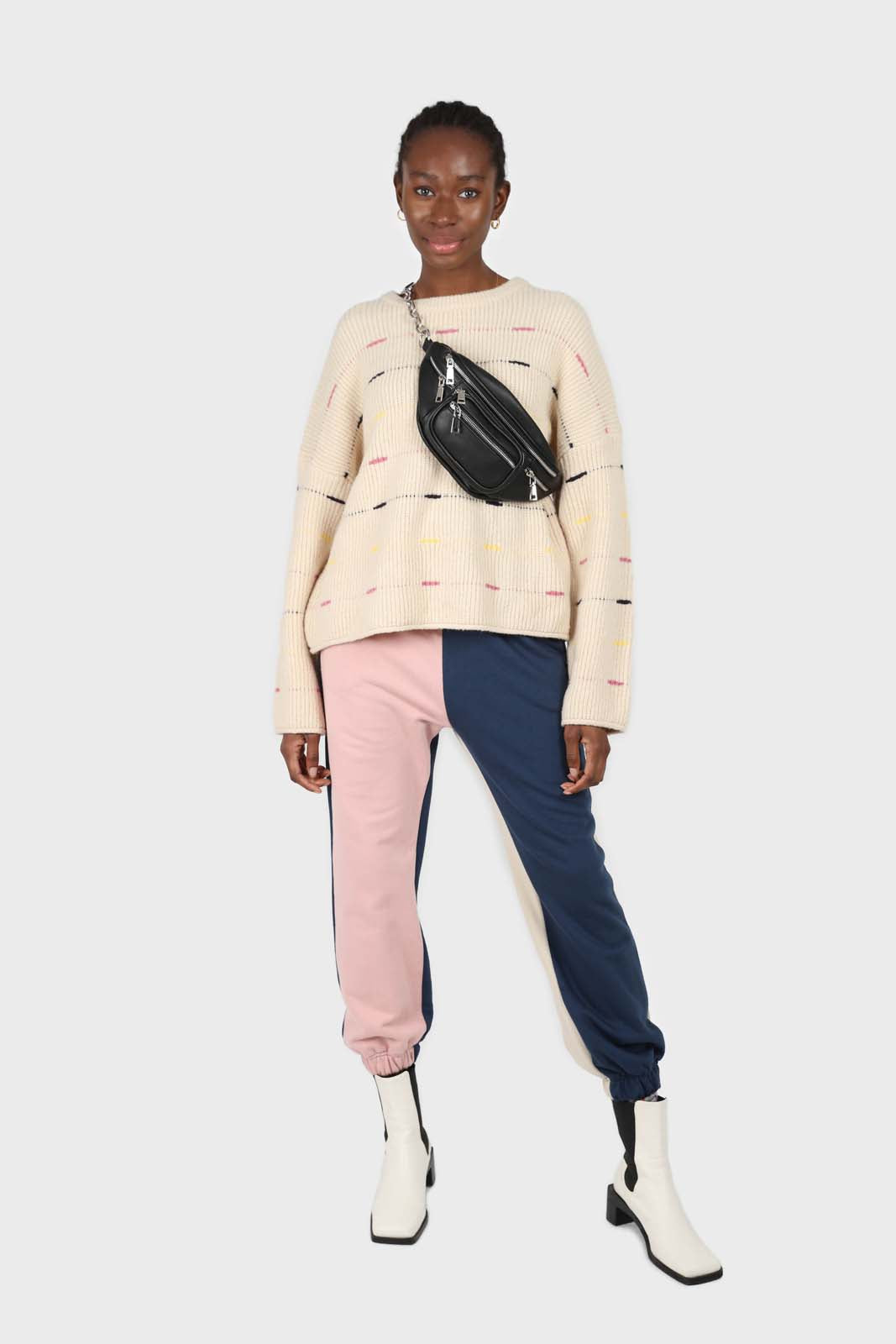 Pink and navy contrast leg sweatpants
