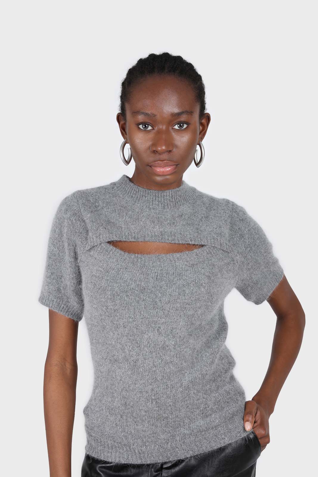 Charcoal peek chest angora wool blend knit top