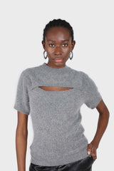 Charcoal peek chest angora wool blend knit top