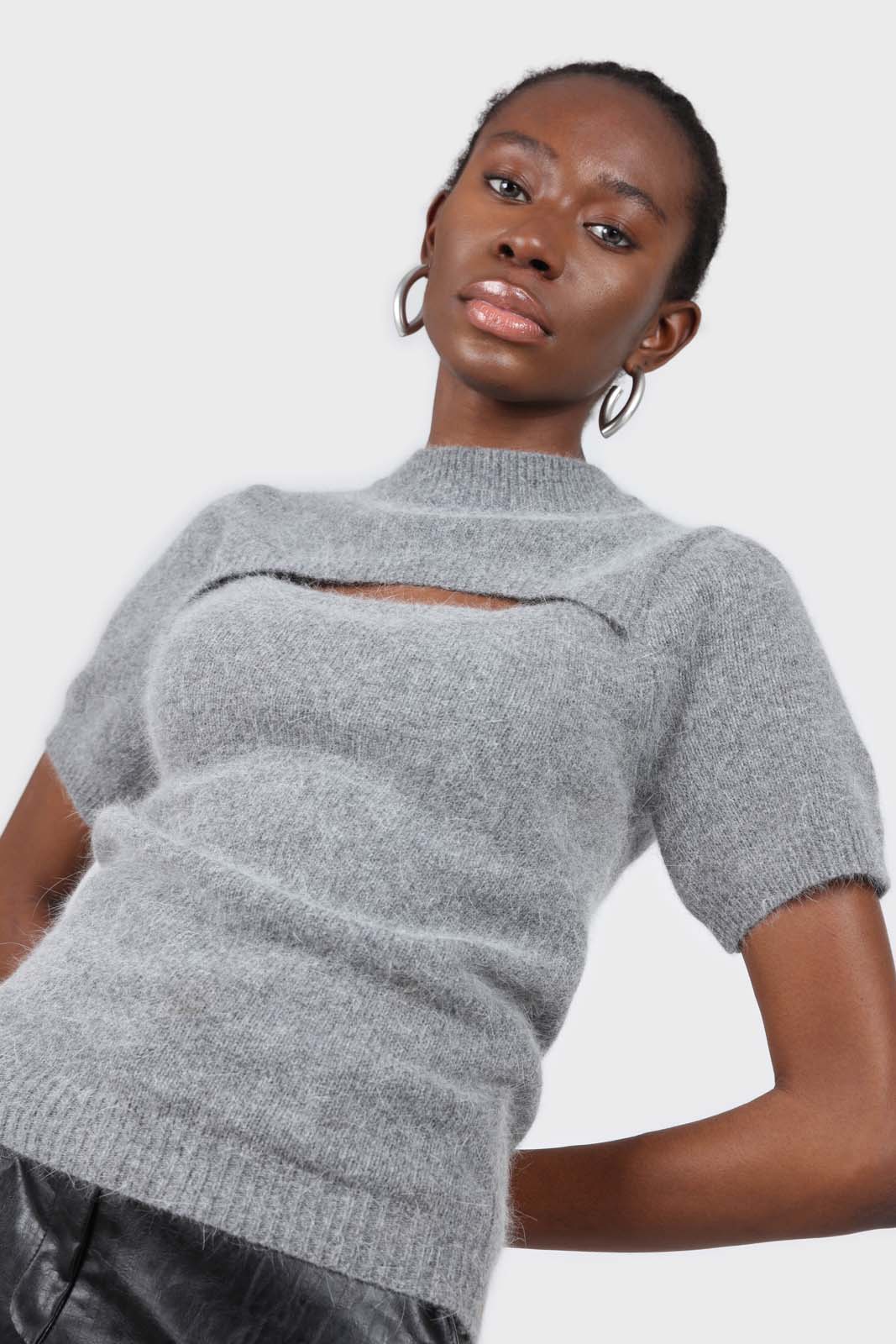 Charcoal peek chest angora wool blend knit top