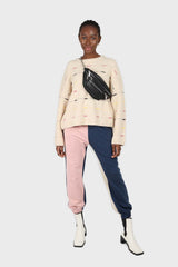 Ivory and pink stitched stripe jumper
