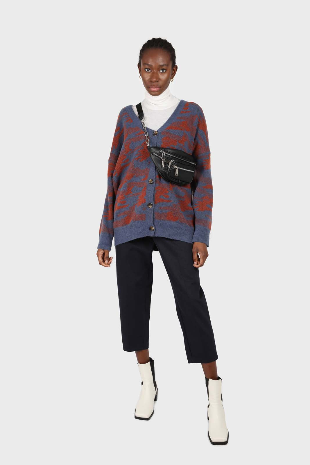 Blue and brown abstract pattern cardigan