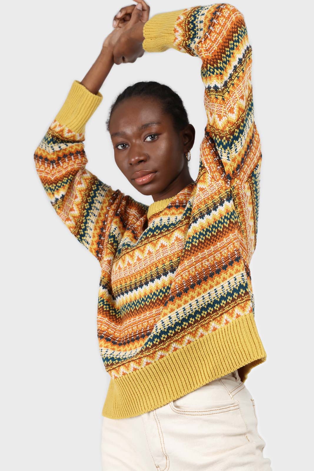Yellow multi patterned crew neck jumper