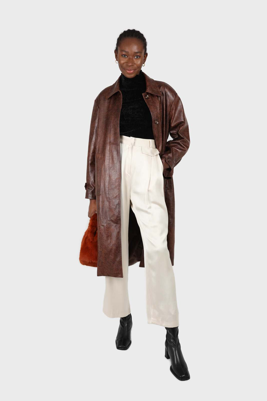 Brown cracked vegan leather belted coat