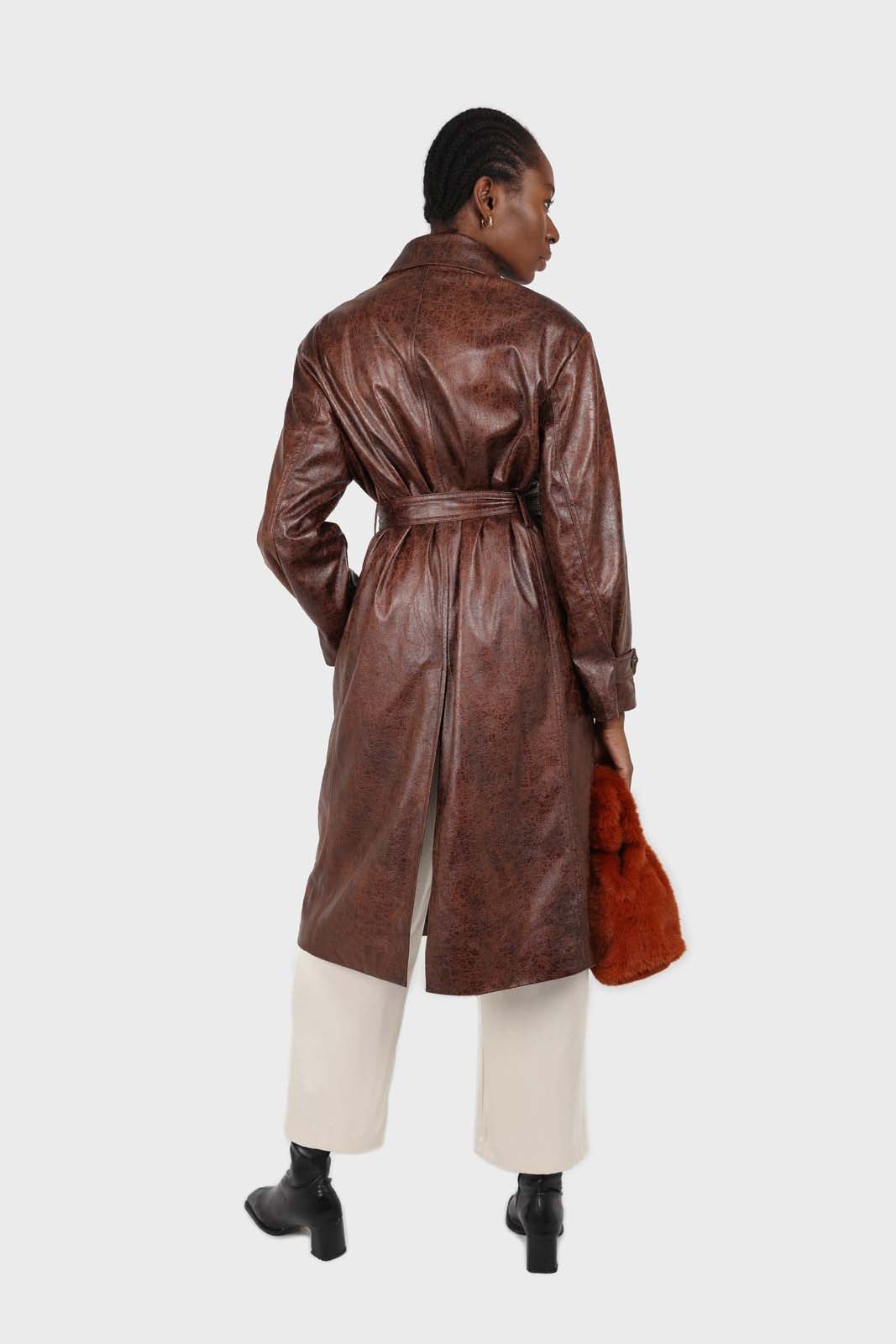 Brown cracked vegan leather belted coat