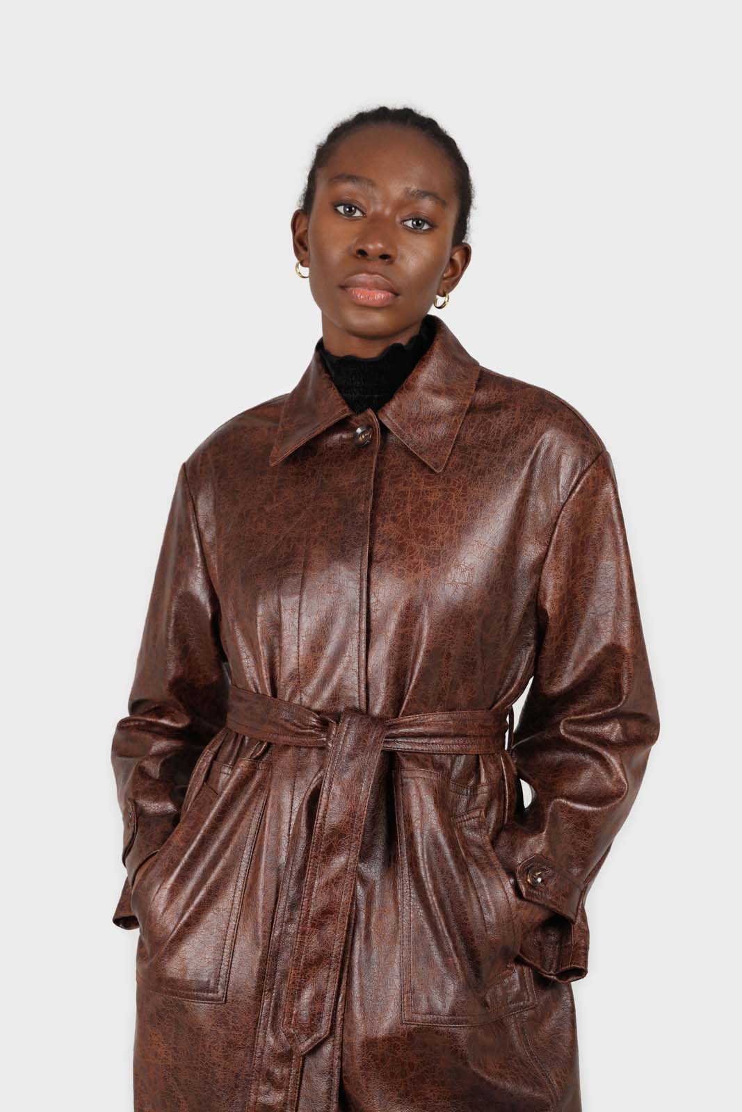 Brown cracked vegan leather belted coat