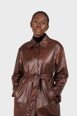 Brown cracked vegan leather belted coat