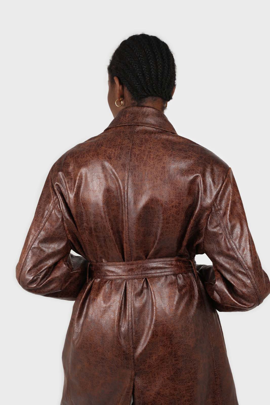Brown cracked vegan leather belted coat