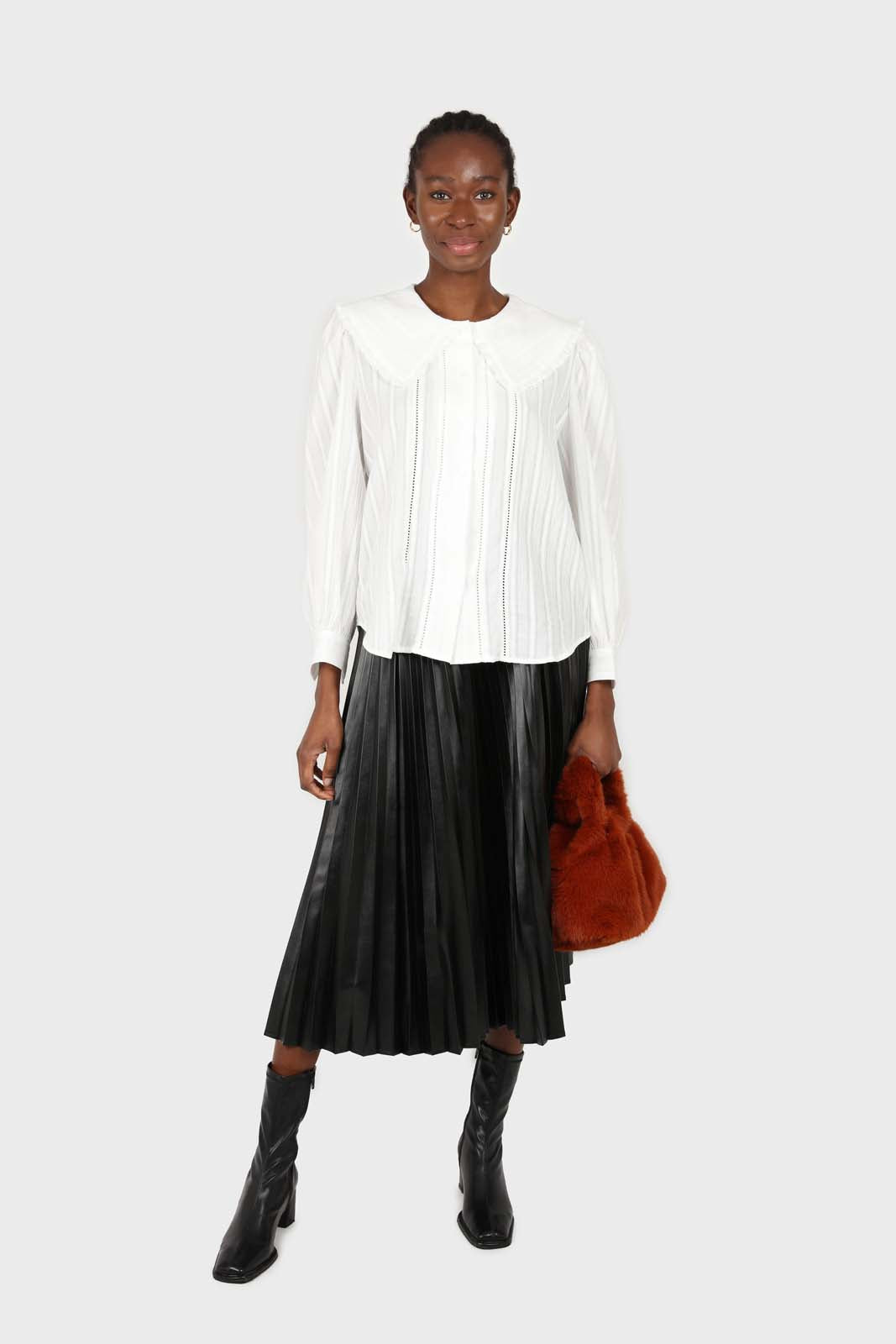White lace trim large collar blouse