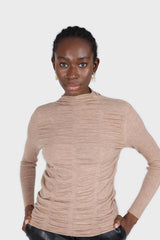 Dark beige wrinkle tier mock neck knit top