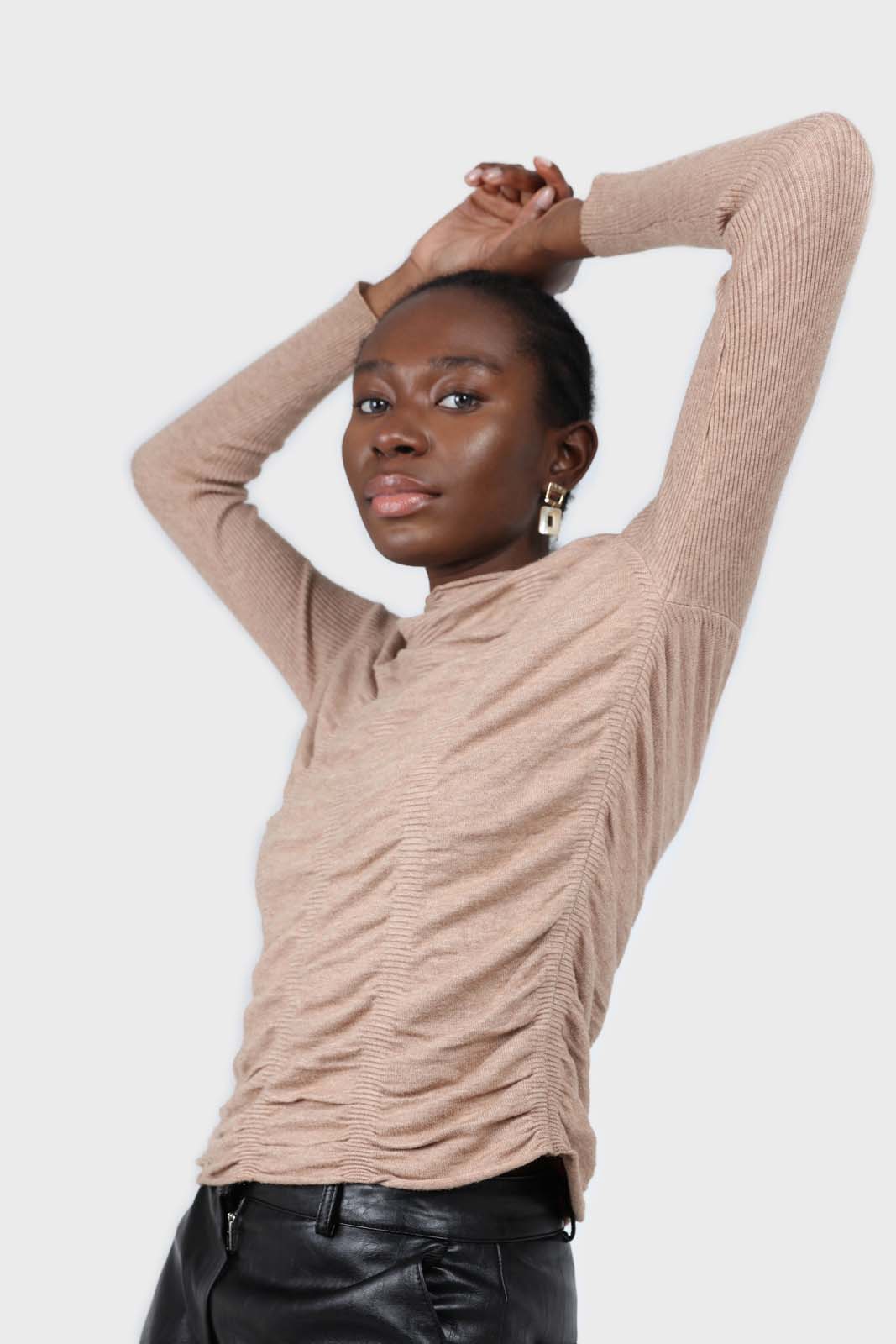 Dark beige wrinkle tier mock neck knit top
