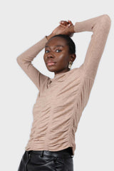 Dark beige wrinkle tier mock neck knit top