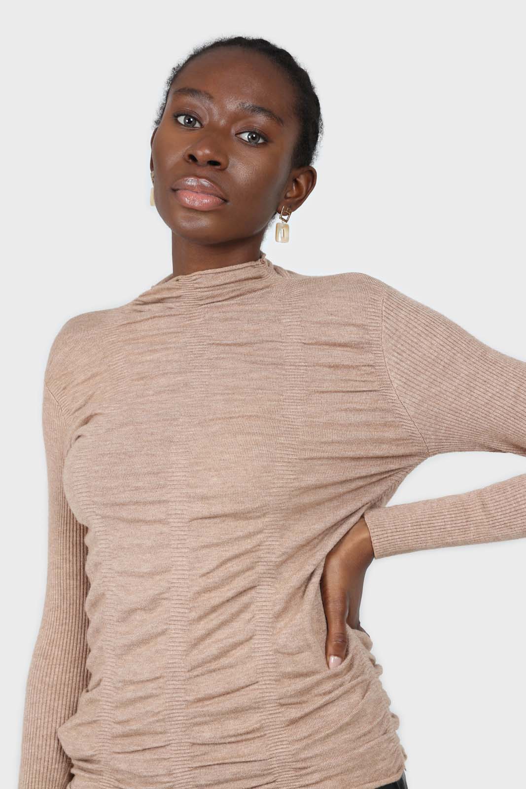 Dark beige wrinkle tier mock neck knit top
