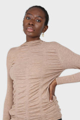 Dark beige wrinkle tier mock neck knit top
