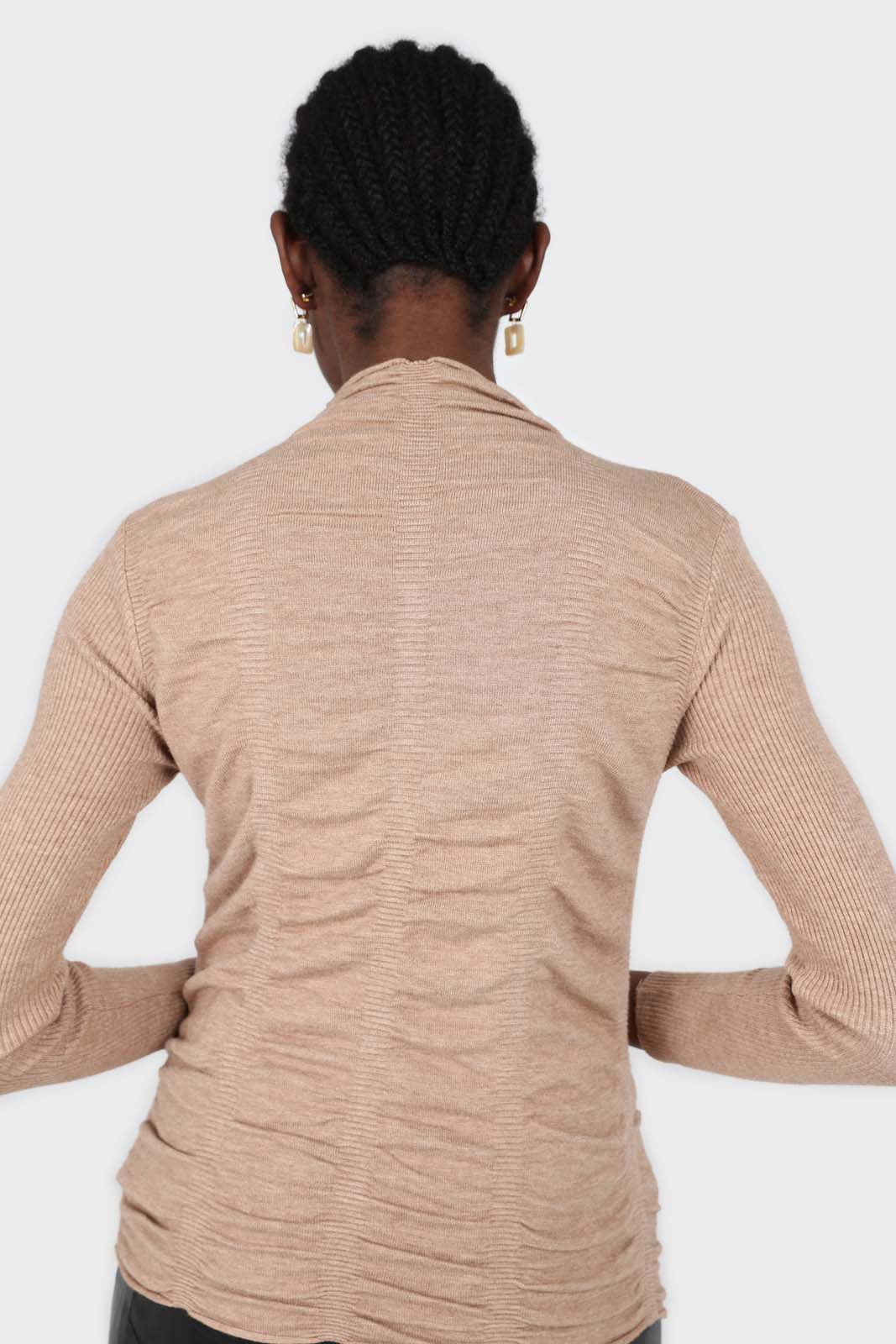 Dark beige wrinkle tier mock neck knit top