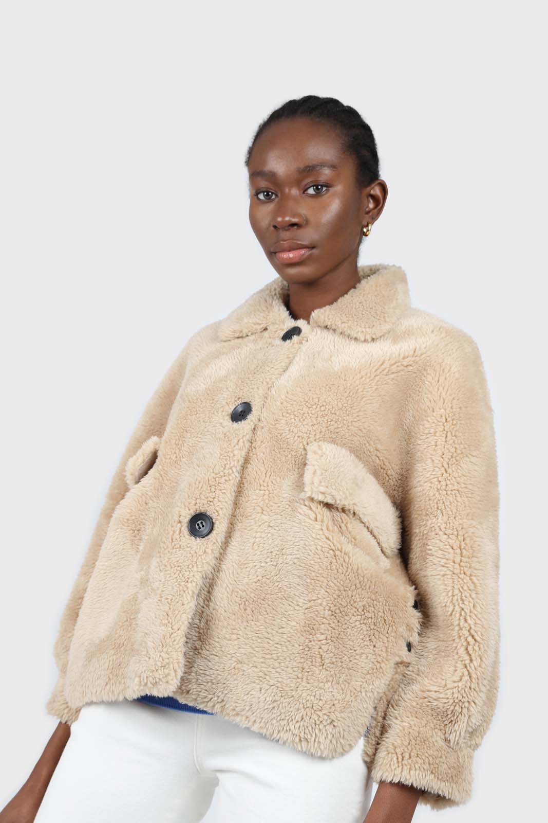 Beige large collar button up teddy jacket
