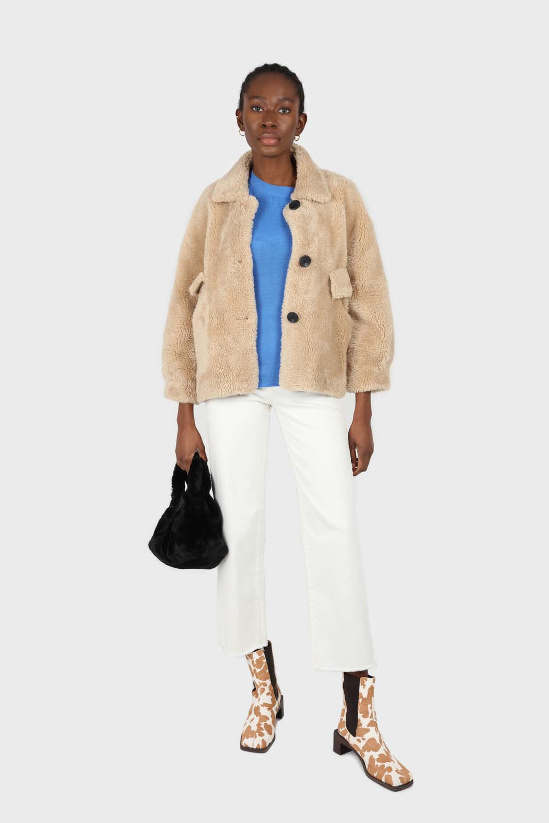 Beige large collar button up teddy jacket