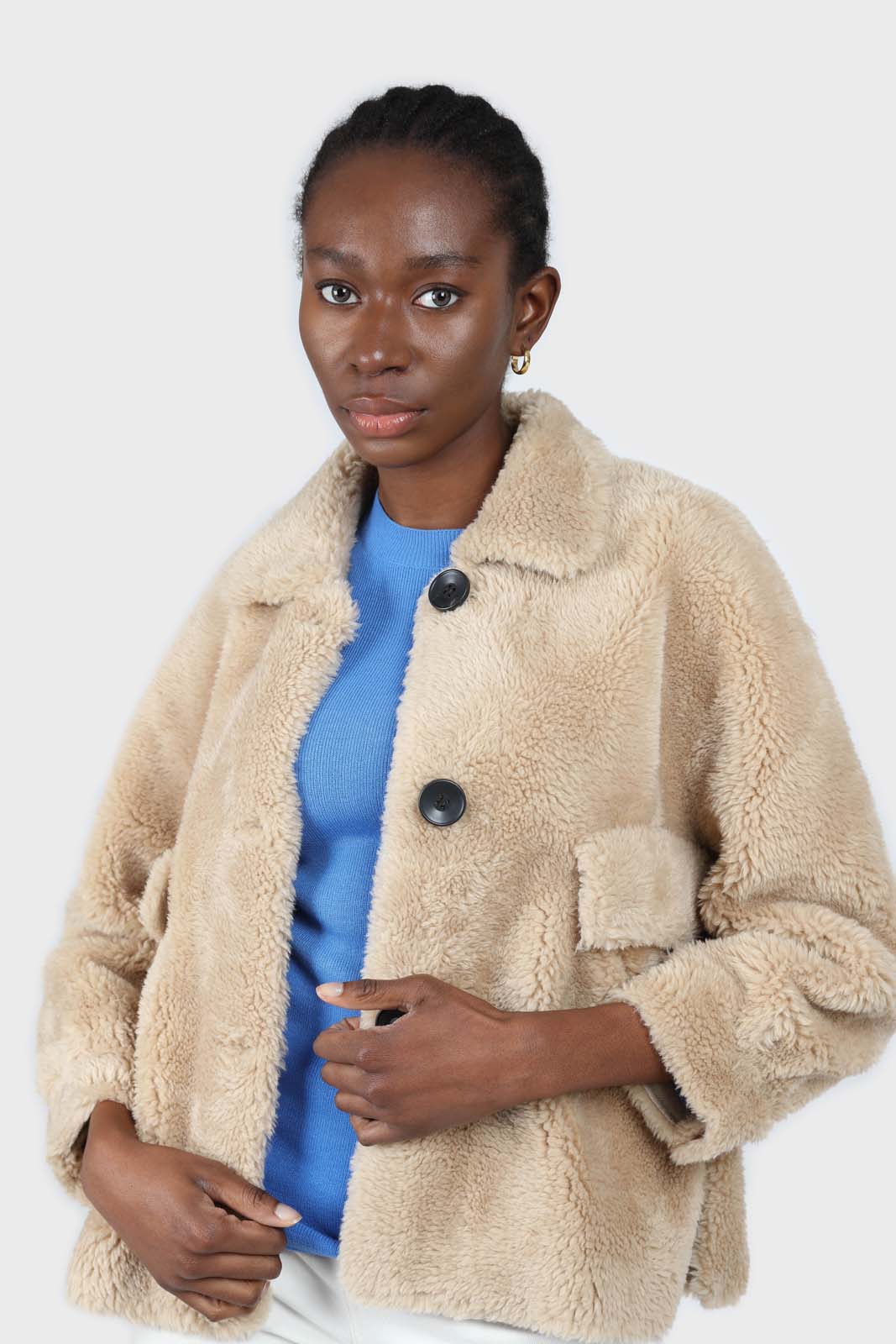 Beige large collar button up teddy jacket