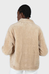 Beige large collar button up teddy jacket