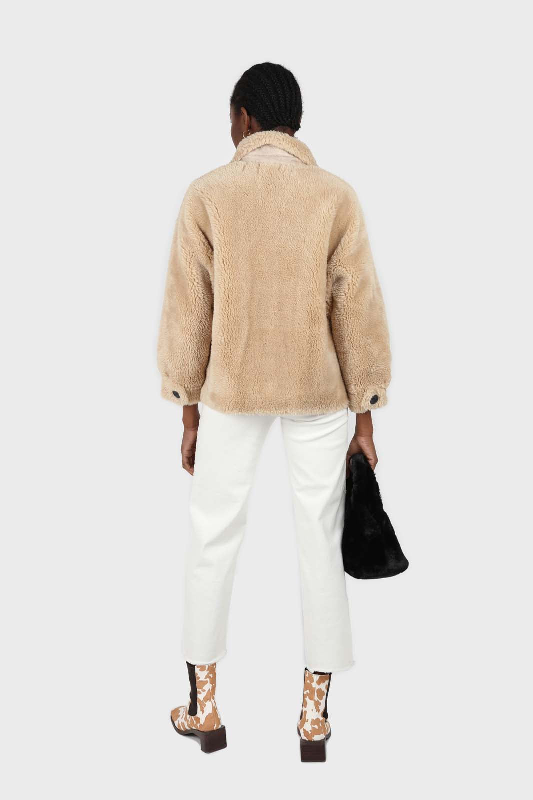 Beige large collar button up teddy jacket