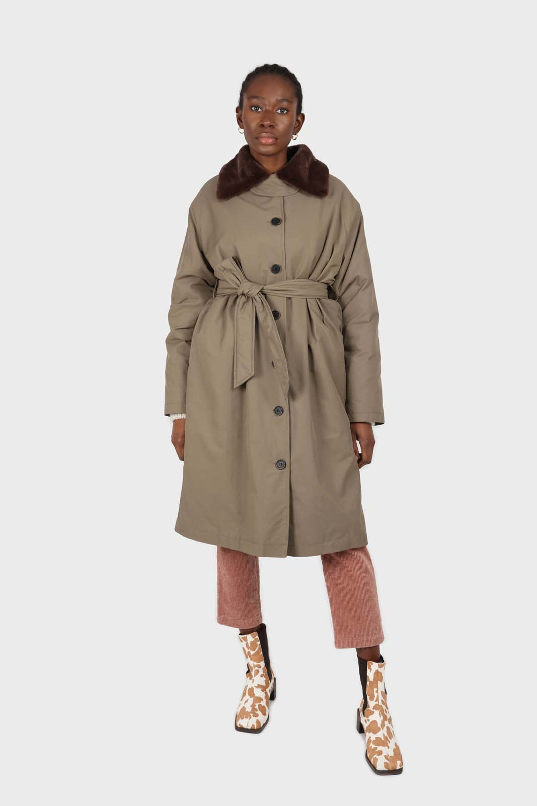 Khaki and brown faux fur collar contrast faux fur lined trench coat
