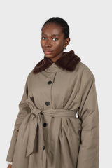 Khaki and brown faux fur collar contrast faux fur lined trench coat