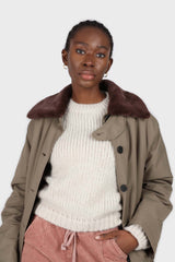Khaki and brown faux fur collar contrast faux fur lined trench coat