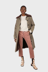 Khaki and brown faux fur collar contrast faux fur lined trench coat