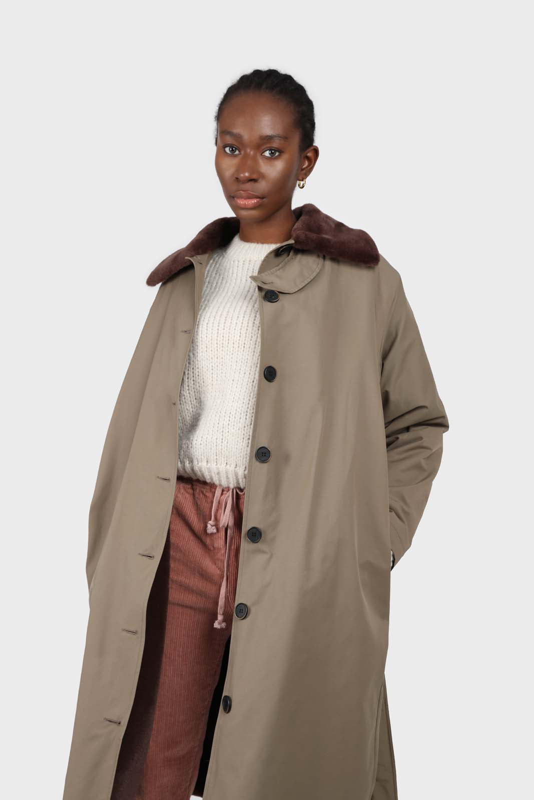 Khaki and brown faux fur collar contrast faux fur lined trench coat